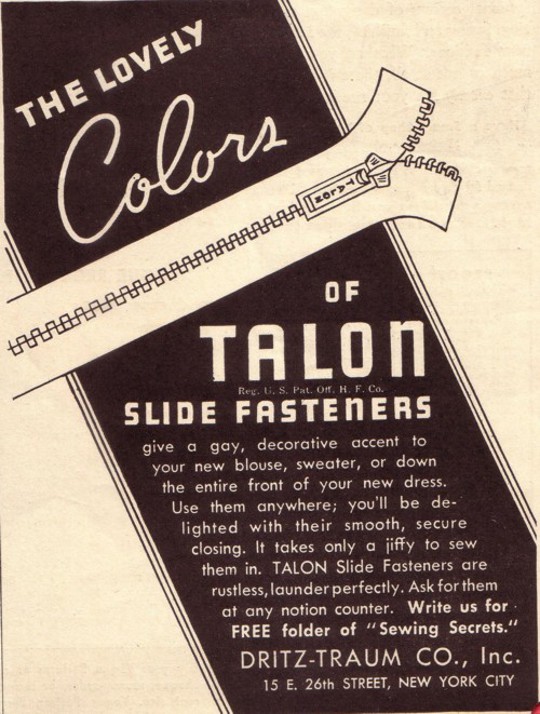 1930s fashion advertisement for talon zipper