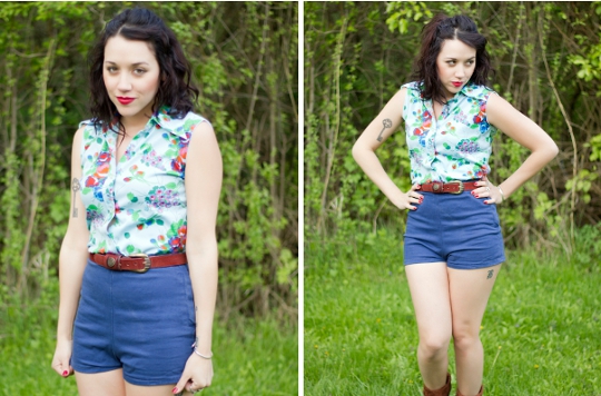 modern day flapper styled a 1970s sleeveless floral shirt with a pair of high waisted denim from american apparel
