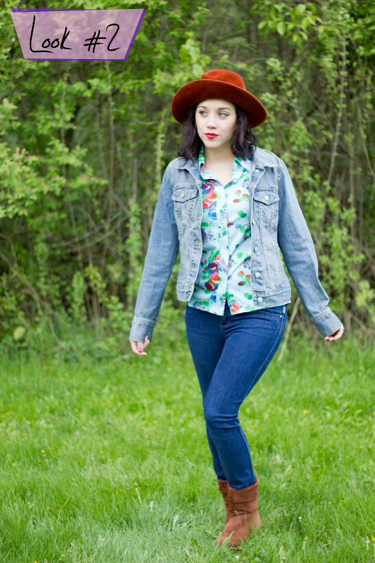 photographer modern day flapper styled a 1970s floral shirt with a denim jacket, skinny jeans and vintage brim hat