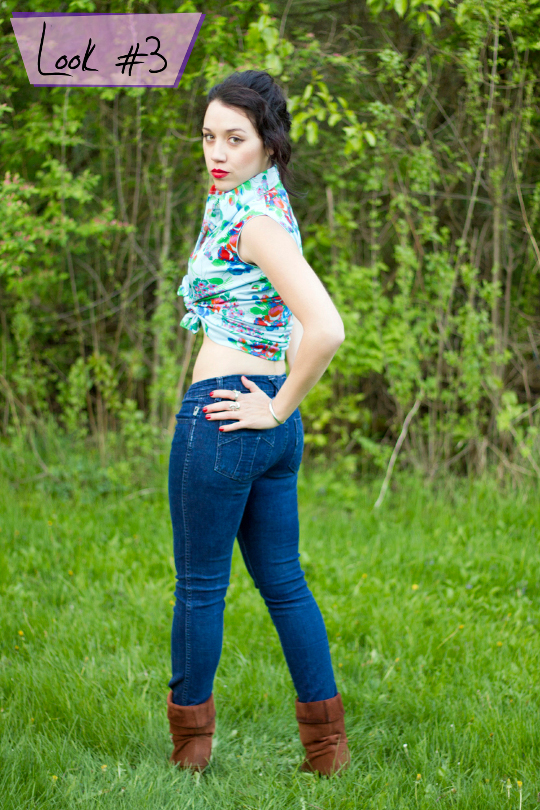 1970s floral shirt styled as a pin-up crop top 