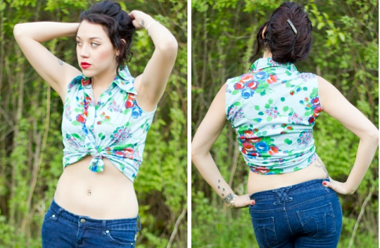 photographer modern flapper wearing a 1970s floral shirt styled like a crop top 