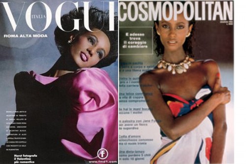 supermodel iman on cover of vintage vogue and cosmopolitan magazines