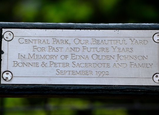 a plaque on a central park bench