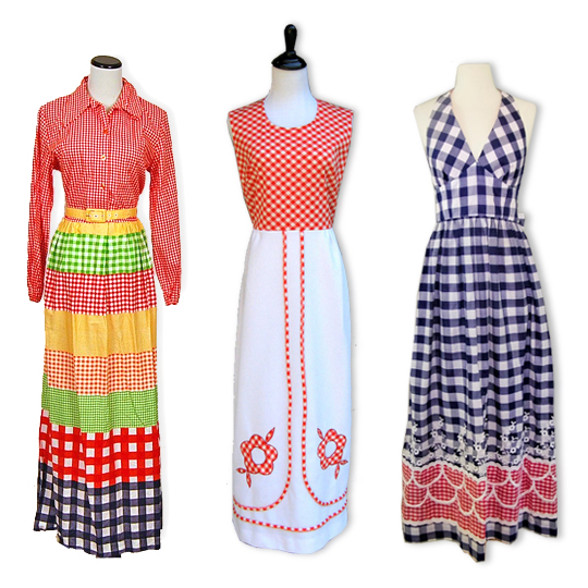 3 vintage gingham patterned maxi dresses