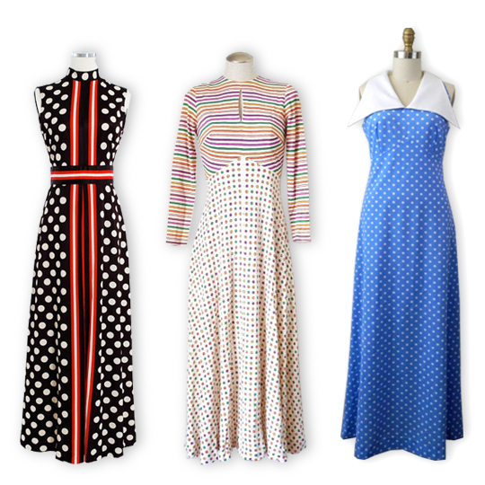 3 different vintage polka dot maxi dresses