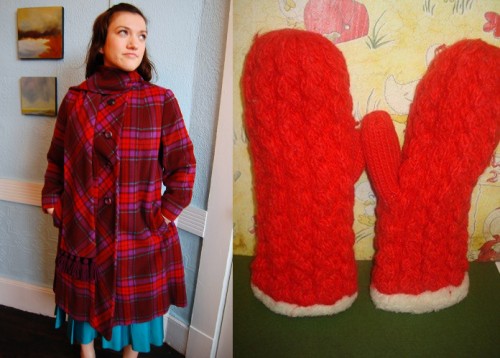 womens vintage 70s plaid coat and red mittens from etsy